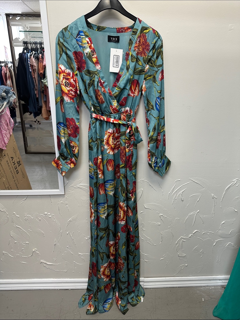 VICI Teal Floral Wrap Maxi Dress with Red & Yellow Blooms